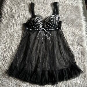 Enchanted Lightly Lined Lingerie Slip Womens Size Medium Black Sheer Pajamas